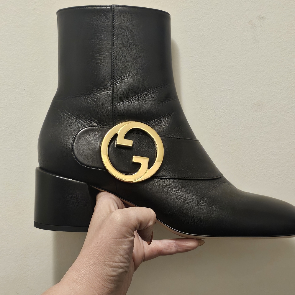 Black Leather GUCCI Ankle Boots with Gold Accent NEW SIZE 42 OR 11